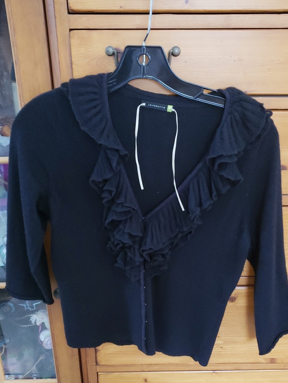 leifsdottir Black Ruffle-Trim V-Neck Cashmere  Cardigan